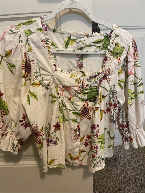 Christian Siriano Tops - Christian Siriano White Floral Peasant Blouse - Green & Pink Print